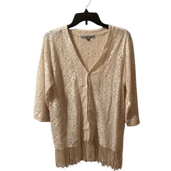 Valerie Stevens Sweaters - Valerie Stevens Ivory Overlay Lace Cardigan Crochet Fringe‎ Size L Boho Cowgirl